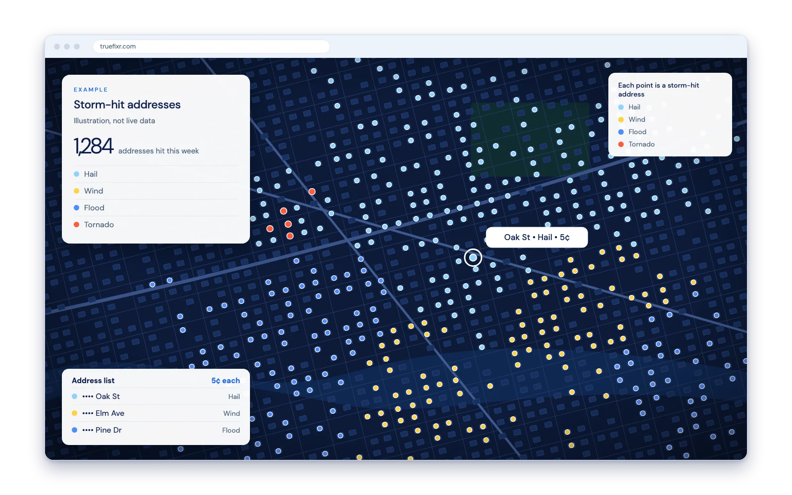Neighborhood map with colored points on addresses near a storm