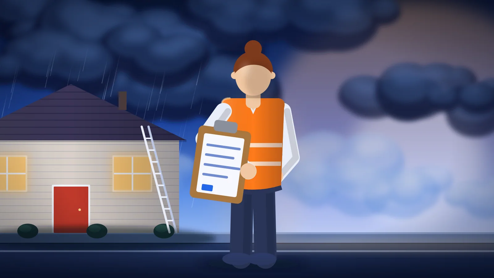 An adjuster at a house checking a date of loss
