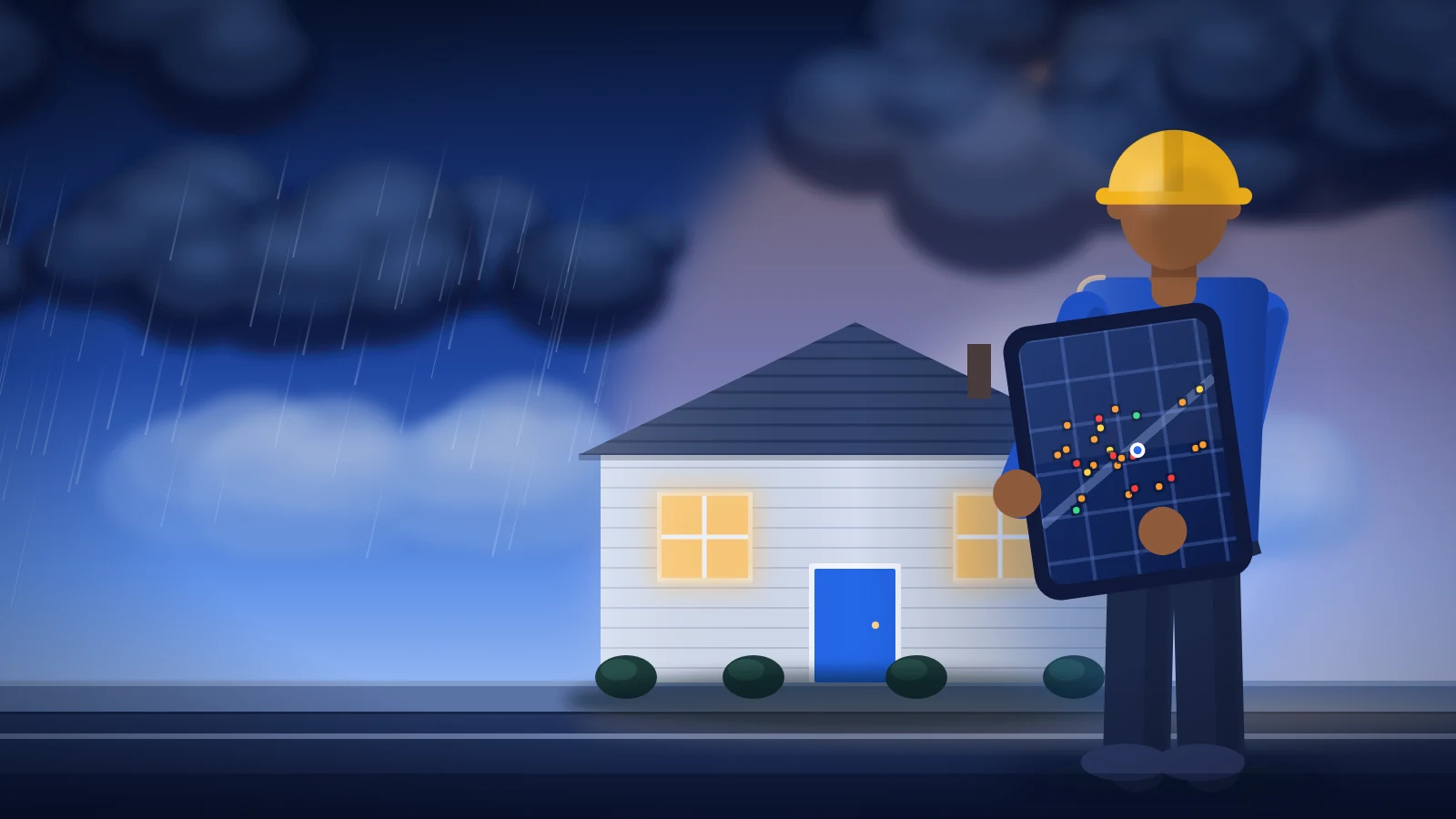 A contractor checking storm history on a tablet