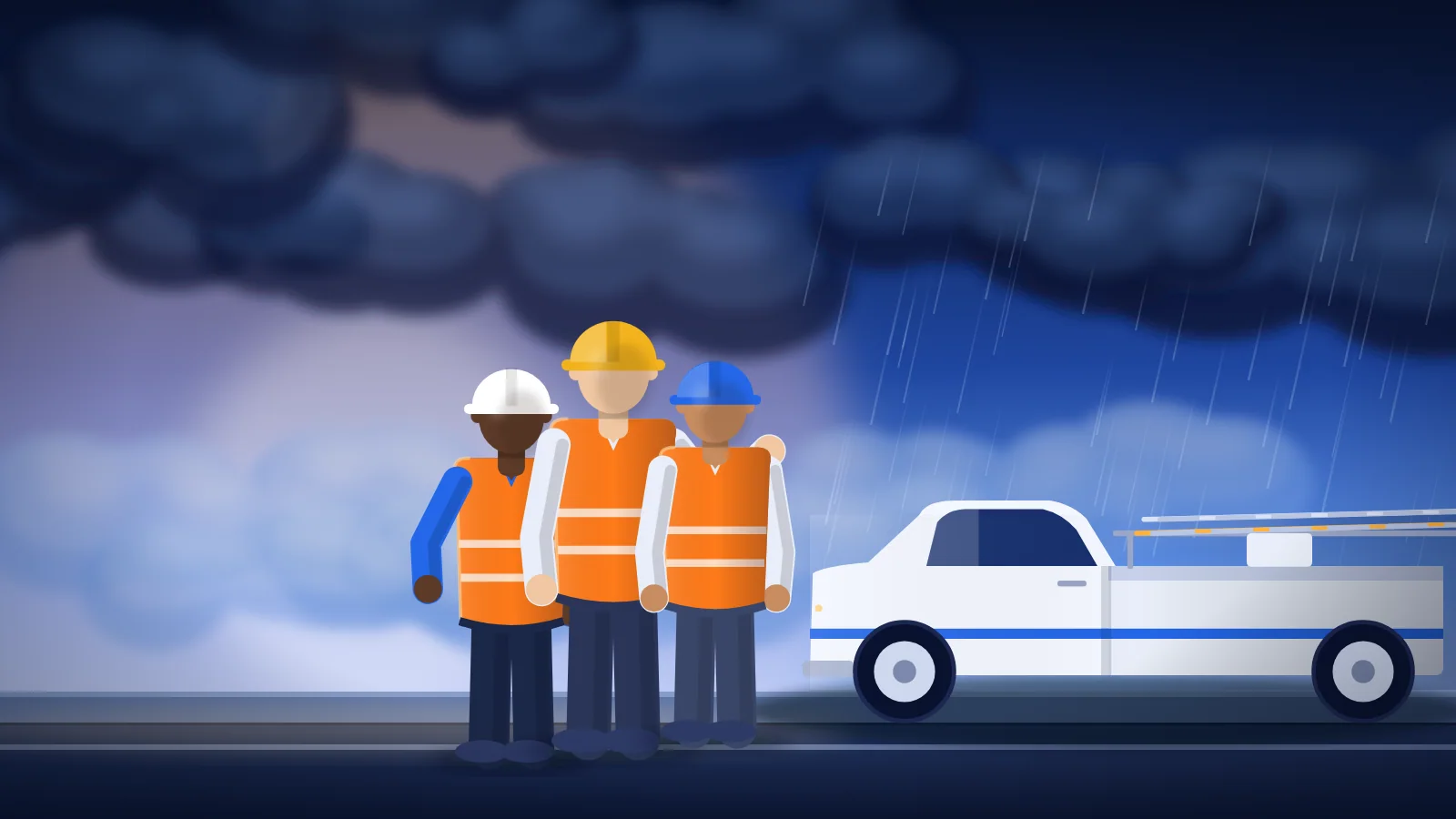 A repair crew by a work truck