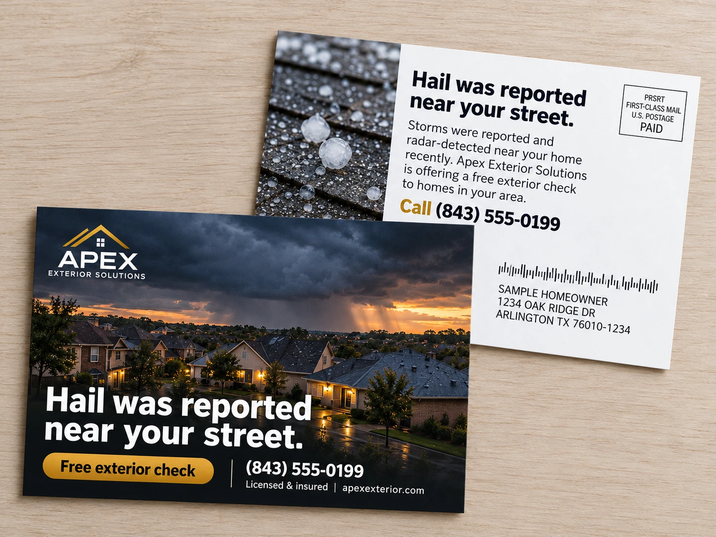 Sample Storm Mailers postcard, front and back